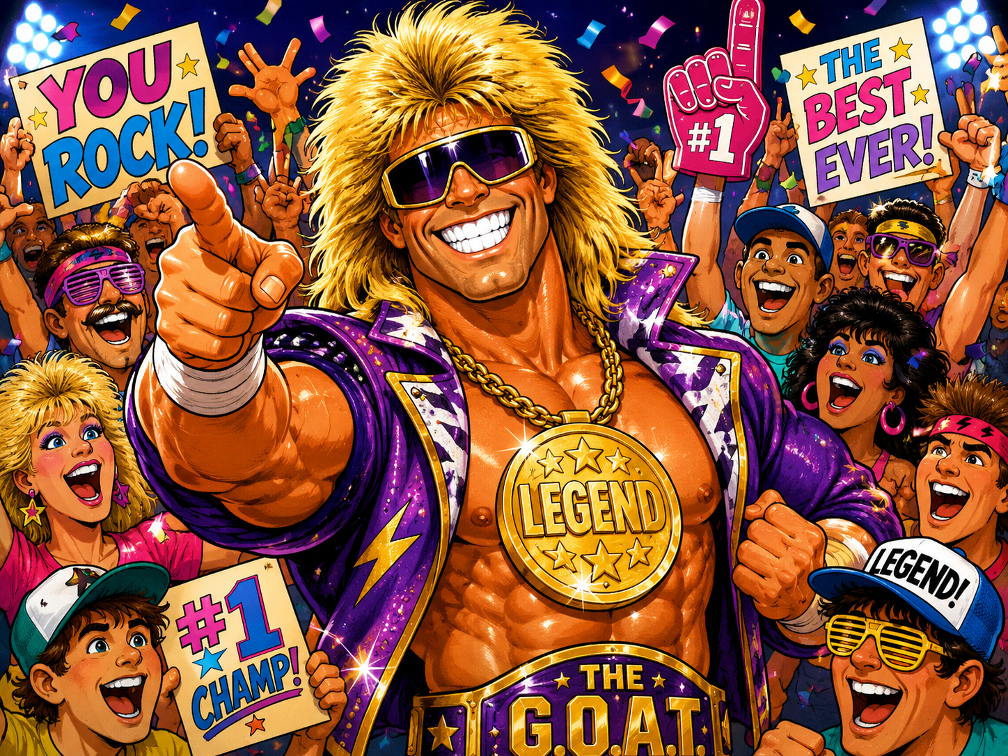The Golden Boy — a triumphant 80s legend in a gold chain and 'LEGEND' medallion
